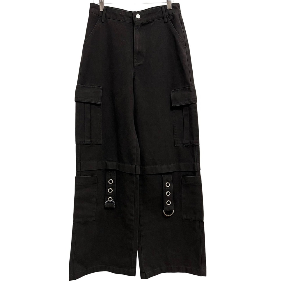 Pretty Damage Pants Teens Small Black Cargo Wide Leg Strap Detail Goth Punk‎